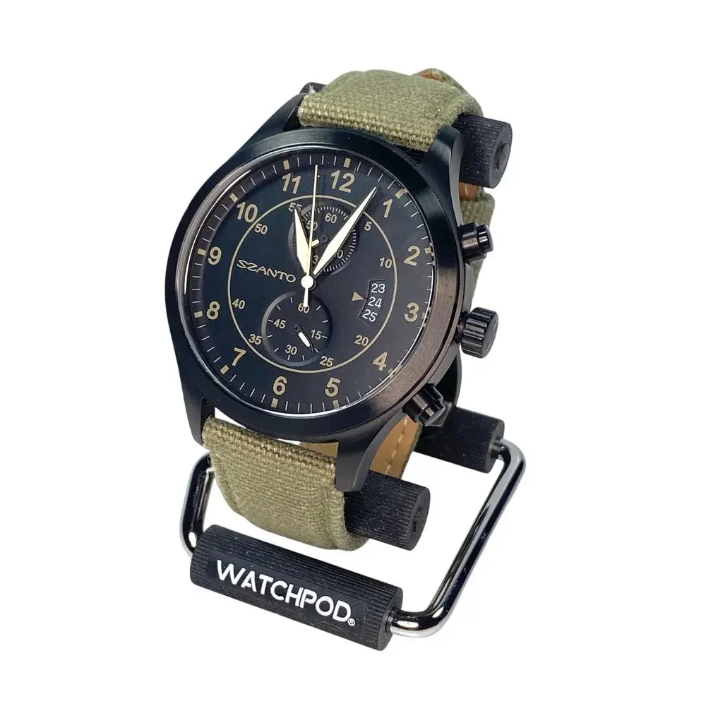 Szanto 1202 Chronograph 46mm Pilot Watch Military Aviator Black Dial Quartz 100m